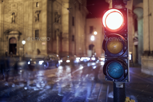 Red light on traffic lights against crosswalk - Stock Photo - Images