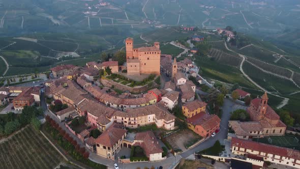 Serralunga d'Alba and Medieval Castle in Langhe, Piedmont Italy Aerial View alt