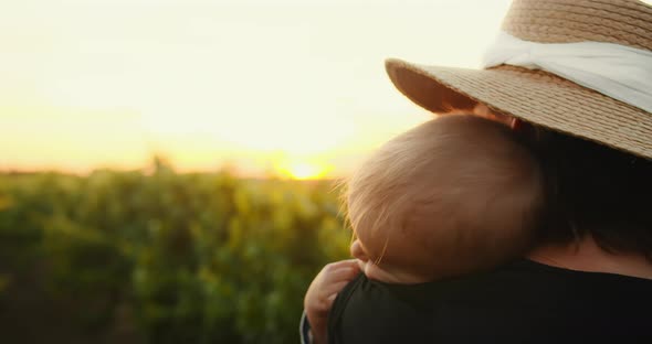 Portrait Happy Mother Gently Hugging Her Cute Little Baby Child in French Provence Vineyard During alt