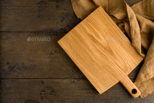 Bamboo lightweight cutting board above food background, napkin, horizontal,  copy space Stock Photo by Natabuena
