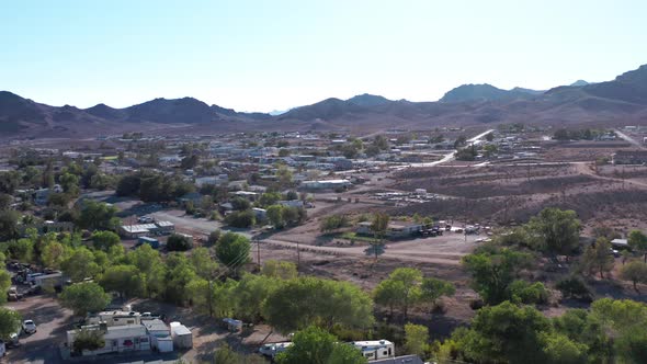 A quiet dusty town in USA near Nevada and California border. Aerial drone shot alt