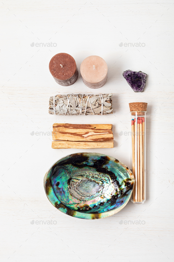 Smudge kit with white sage, palo santo, abalone shell. Natural