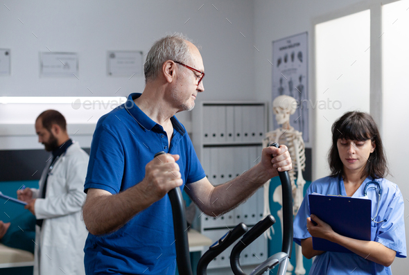 Retired man doing physical exercise for muscle recovery