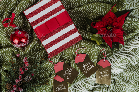 Christmas gift box and tag cards with a poinsettia - Stock Photo - Images