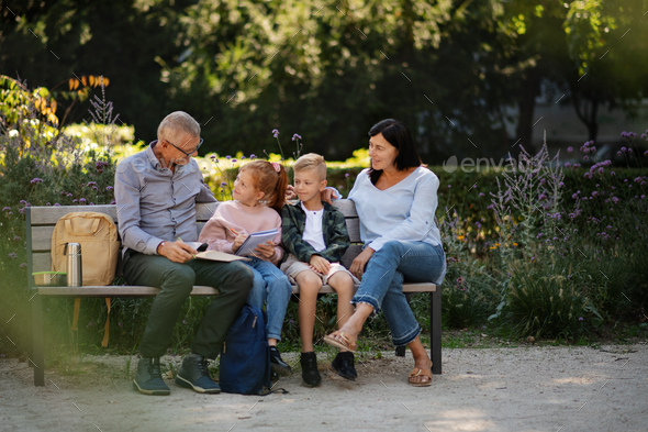 Senior couple with grandchildren sitting on bench and doing homewrok outdoors in park - Stock Photo - Images