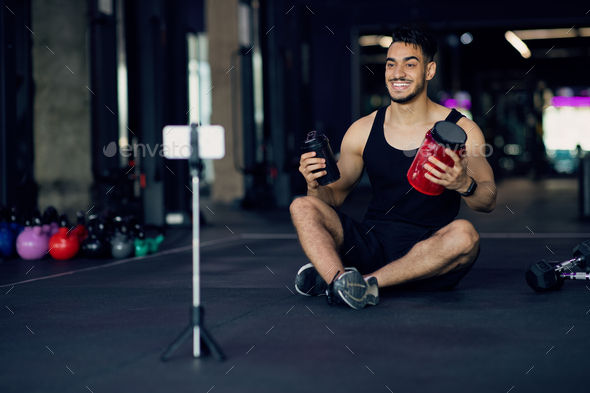 Best Protein Powder. Arab Man Advertising Fitness Nutrition In Video Blog