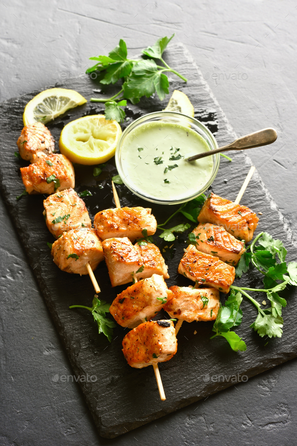 Barbecue salmon skewers Stock Photo by voltan1 PhotoDune