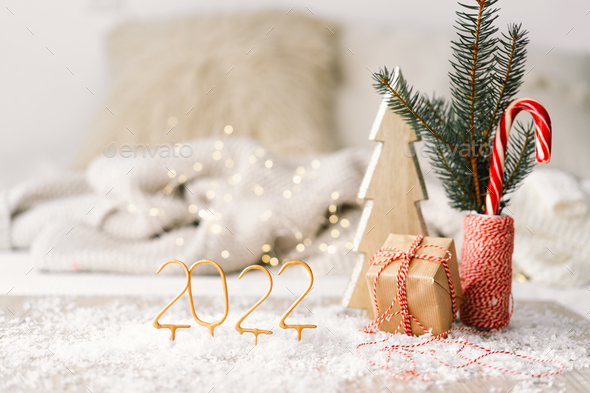 Happy New Year 2022. New Year background with presents, garlands and New Year decorations. - Stock Photo - Images