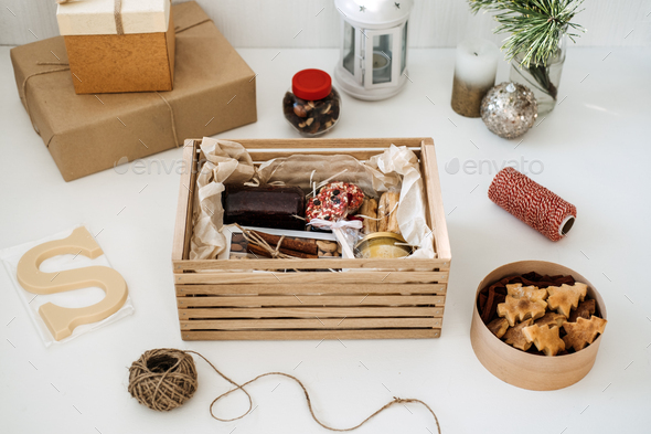 Gift care box, package with healthy desserts and sweets. Subscription Boxes for Christmas and the