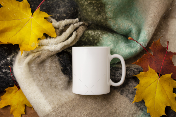 White coffee mug mockup with woolen scarf and fall maple leaves - Stock Photo - Images