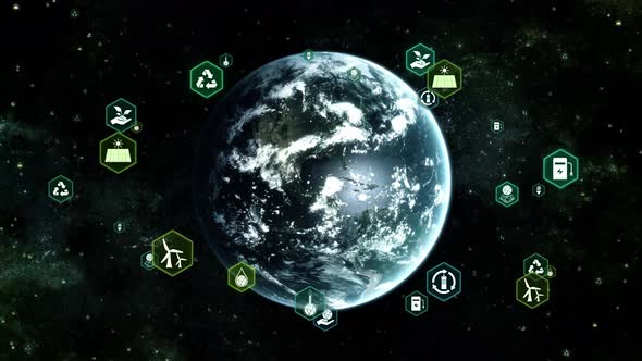 Green Earth in Space and Orbiting Ecology Infographic Icons Loop Background