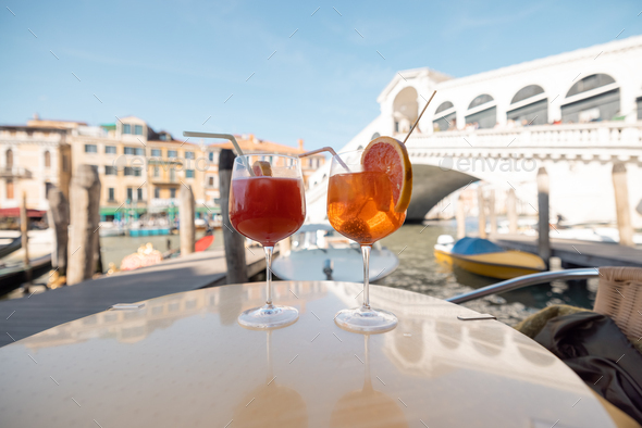 Two drinks at outdoor cafe in Venice, Italy