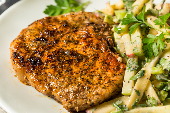 Homemade Roasted Pork Chop with Apple Slaw - Stock Photo - Images
