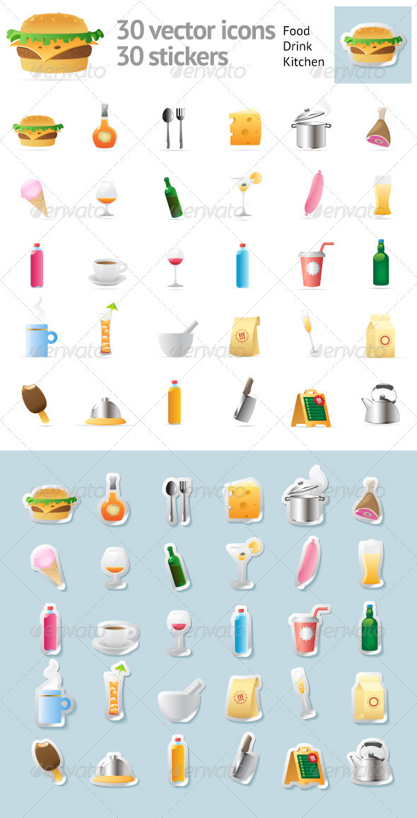 Set Of 30 Vector Icons For Food And Drinks - Food Objects