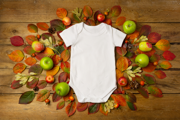 Placeit – White baby short sleeve bodysuit mockup with fall leaves and pine cones - Stock Photo - Images