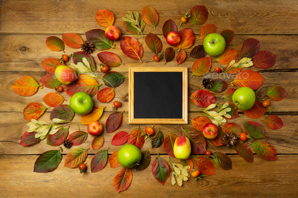 Black square chalkboard frame mockup with fall leaves - Stock Photo - Images