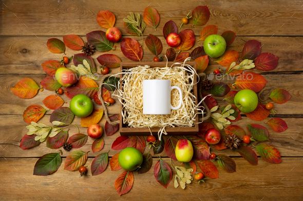 White coffee mug fall mockup with wooden gift box and pine cones - Stock Photo - Images