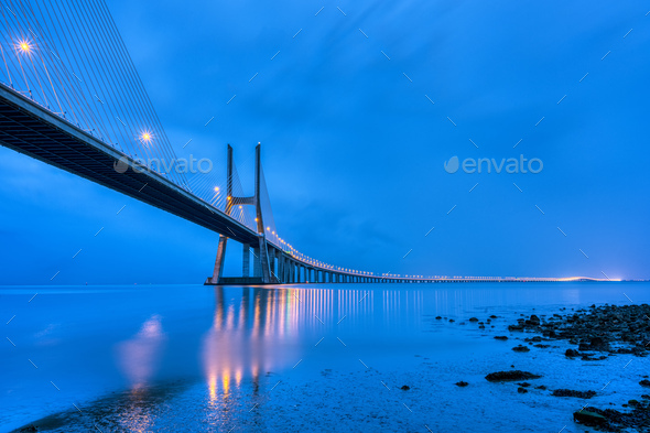 The Vasca da Gama bridge over the river Tagus - Stock Photo - Images