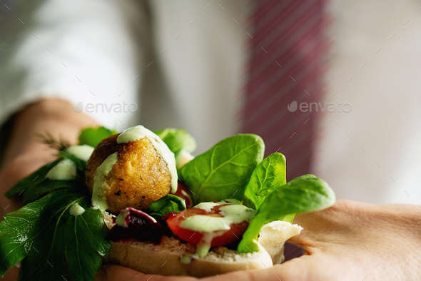 Falafel sandwich and office food, sustainability. concept - Stock Photo - Images