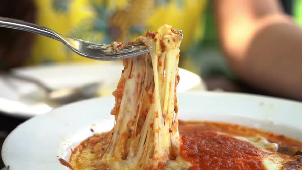 slow motion of  meat lasagna with fork alt