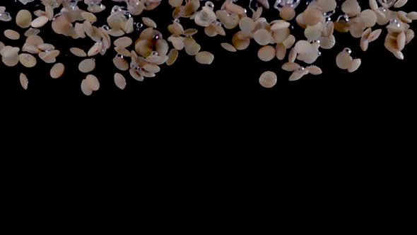 Super slow motion, a heap of green lentils fall into the water alt
