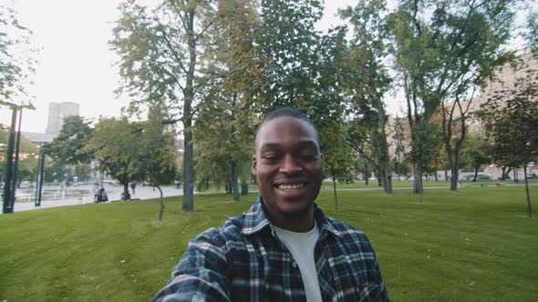 Mobile Phone Webcam View Young Happy Male Blogger African American Guy Vlogger Man Recording Video alt