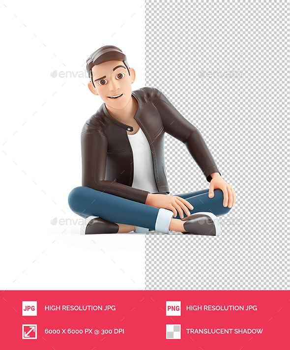 3D Cartoon Man Sitting on Floor