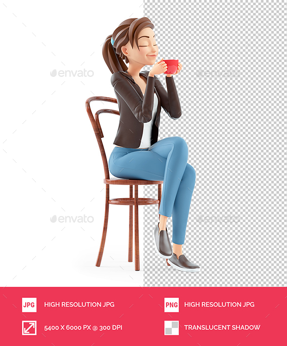 3D Cartoon Woman Sitting on Chair and Smelling Coffee