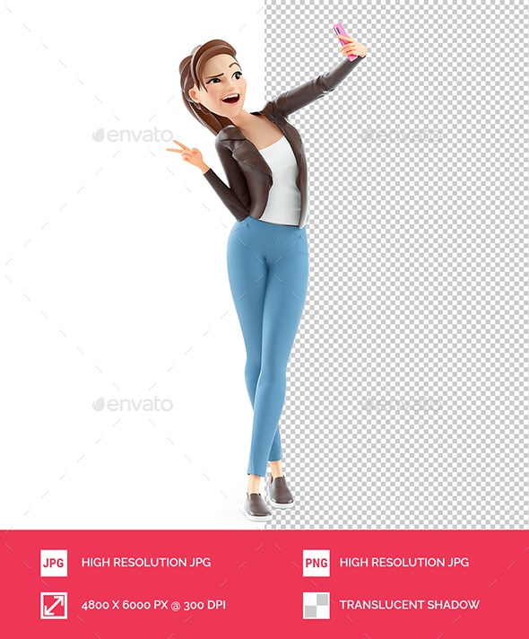 3D Cartoon Woman Taking Selfie on Mobile Phone