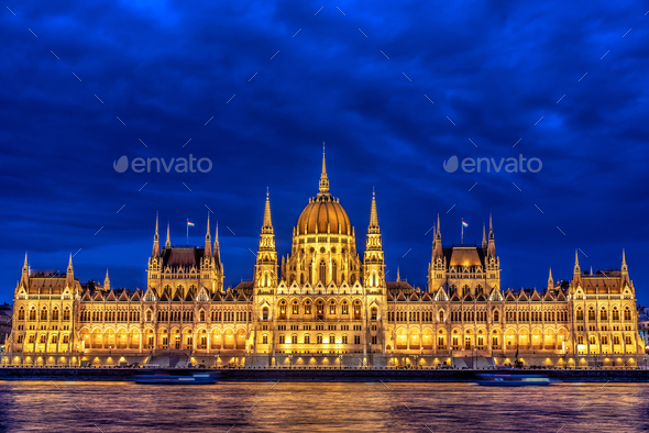 Blue Hour Closeup of the Hungarian Parliament - Stock Photo - Images