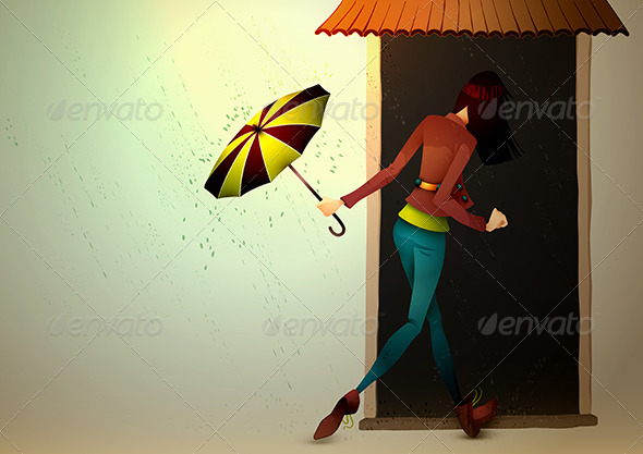 Young Woman hiding from Rain with Umbrella - People Characters