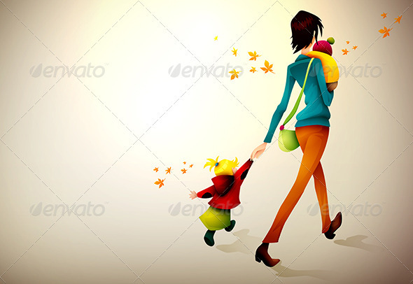 Woman Waking Hurried With Her Children - People Characters