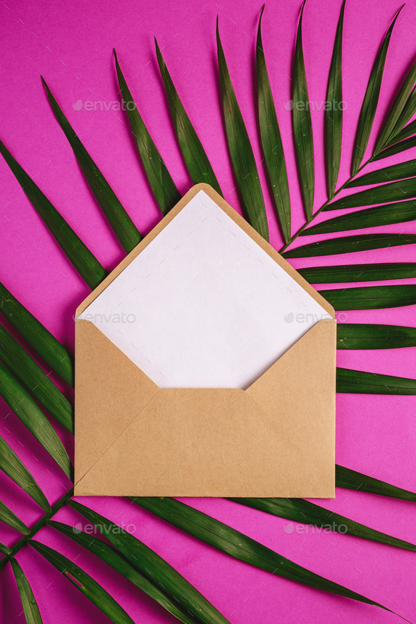 Kraft brown paper envelope with white empty card on palm leaves Stock Photo by Frostroomhead