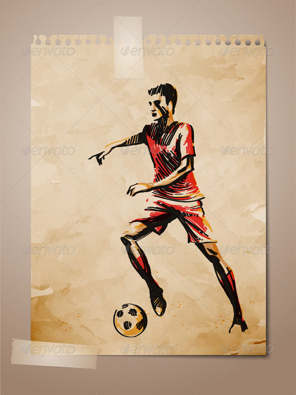 Football, Soccer Player Sketch on Aged Note Paper - Sports/Activity Conceptual