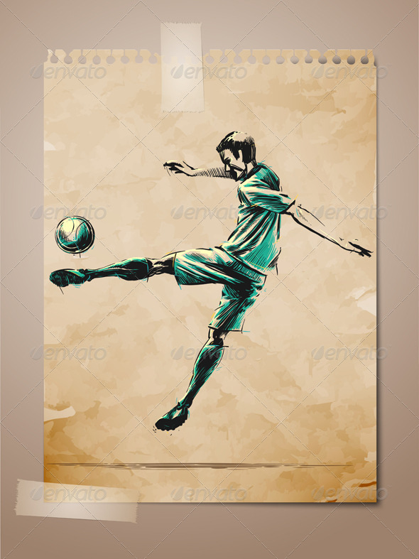 Football, Soccer Player Sketch on Aged Note Paper - Sports/Activity Conceptual