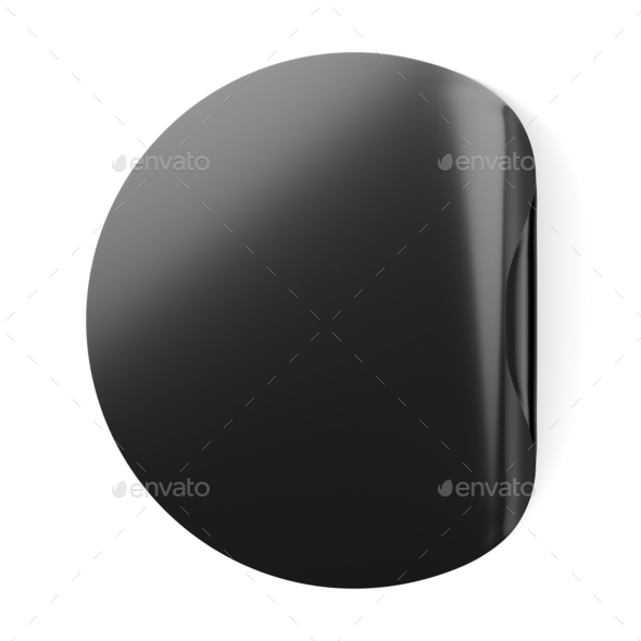 Black round adhesive sticker with curved corner. 3D rendering.