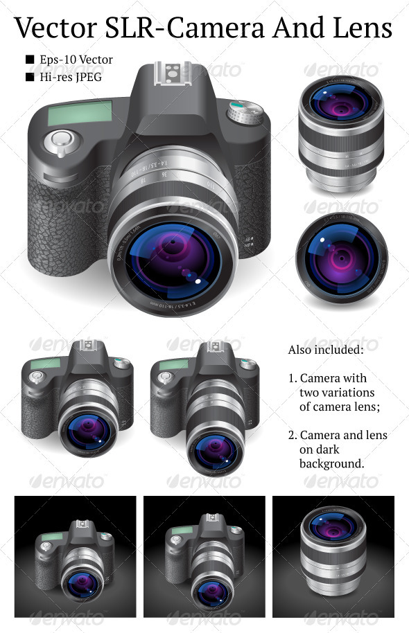 Vector SLR-Camera And Lens - Objects Vectors