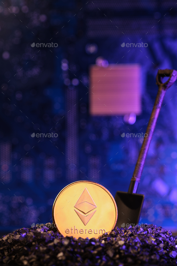 Mining Bitcoin crypto currency on circuit  board.virtural money.blockchain technology.mining concept - Stock Photo - Images