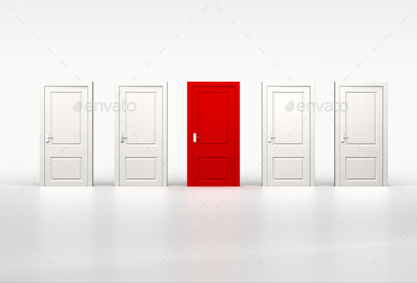 Concept of individuality and opportunity. Red door in row of white shut doors