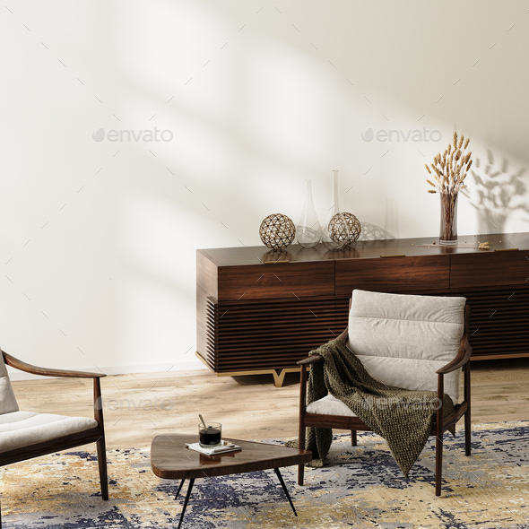 modern living room background, home interior with dark wooden furniture and  white wall, 3d rendering Stock Photo by vasiliymorn