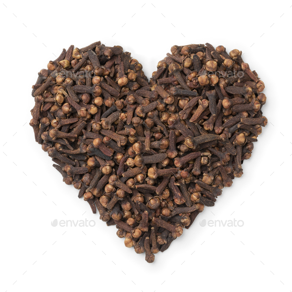 Dried cloves in heart shape isolated on white background - Stock Photo - Images