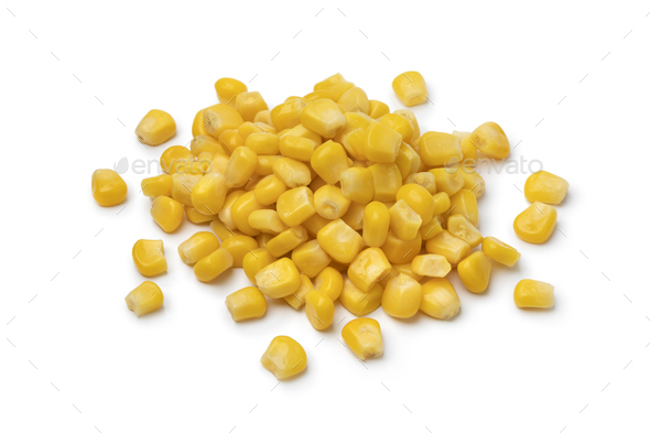 Heap of yellow cooked sweet corn kernels on white background - Stock Photo - Images