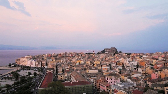 Aerial View of Corfu City at Twilight