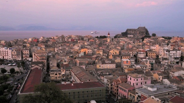 Aerial View of Corfu City at Twilight
