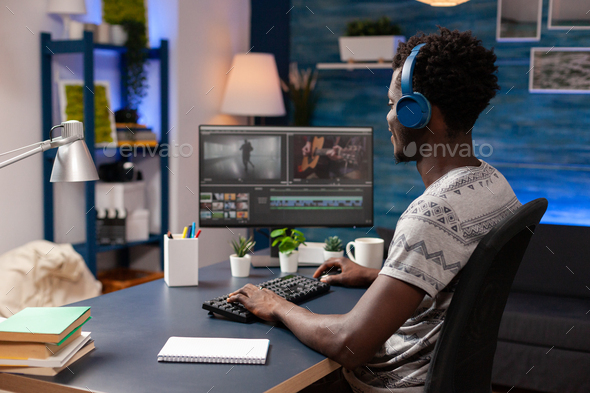 African american editor retouching video montage editing visual effects for movie