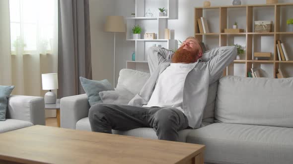 Young Relaxed Redhead Man Sit on Sofa Put Hands Behind Head Enjoy Fresh Air Conditioned Room Spend alt