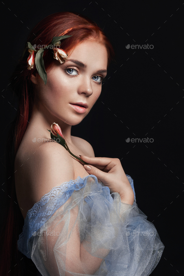 Sexy Beautiful Redhead Girl With Long Hair In Dress Cotton Retro Woman Portrait On Black