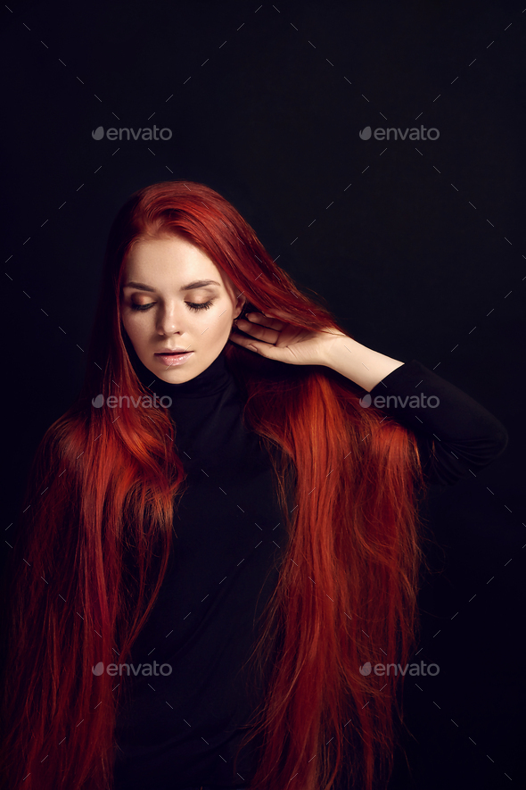 Sexy Beautiful Redhead Girl With Long Hair Perfect Woman Portrait On Black Background Gorgeous