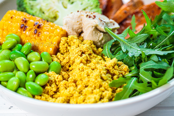 Vegan breakfast bowl - scrambled tofu, corn, beans
