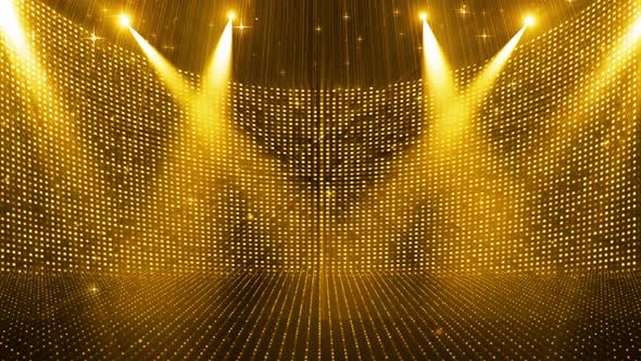 The Golden Particle Spotlight Shines On The Flashing Stage Background